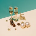 New Year celebration ornaments with champagne glasses on a pastel two tone background. Royalty Free Stock Photo