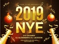 New Year celebration poster design with 3D text 2019 and decorative bauble, confetti time and venue details. Royalty Free Stock Photo