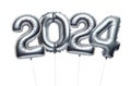 New Year 2024 celebration. Silver balloons. 2024 balloons. Isolated white background. Party, greeting card Royalty Free Stock Photo