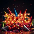 New Year Celebration 2025: Stack of Party Hats, Noise Makers, and Confetti in Warm Light. Royalty Free Stock Photo