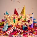 New Year Celebration 2025: Stack of Party Hats, Noise Makers, and Confetti in Warm Light. Royalty Free Stock Photo