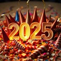 New Year Celebration 2025: Stack of Party Hats, Noise Makers, and Confetti in Warm Light. Royalty Free Stock Photo
