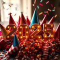 New Year Celebration 2025: Stack of Party Hats, Noise Makers, and Confetti in Warm Light. Royalty Free Stock Photo