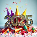 New Year Celebration 2025: Stack of Party Hats, Noise Makers, and Confetti in Warm Light. Royalty Free Stock Photo