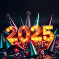 New Year Celebration 2025: Stack of Party Hats, Noise Makers, and Confetti in Warm Light. Royalty Free Stock Photo