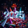 New Year Celebration 2025: Stack of Party Hats, Noise Makers, and Confetti in Warm Light. Royalty Free Stock Photo