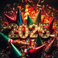 New Year Celebration 2025: Stack of Party Hats, Noise Makers, and Confetti in Warm Light. Royalty Free Stock Photo