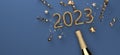 New Year 2023 celebration theme with a champagne bottle with confetti - 3D Royalty Free Stock Photo