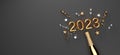 New Year 2023 celebration theme with a champagne bottle with confetti - 3D Royalty Free Stock Photo