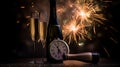 New Year Celebration - Toast With Champagne And Fireworks - Defocused Bokeh Lights Background, generative ai Royalty Free Stock Photo