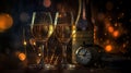 New Year Celebration - Toast With Champagne And Fireworks - Defocused Bokeh Lights And Glittering Effect On Background, generative Royalty Free Stock Photo