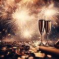 New Year celebration with two isolated champagne glasses and fireworks in the background. AI generated.