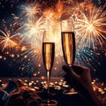 New Year celebration with two isolated champagne glasses and fireworks in the background, night time. AI generated. Royalty Free Stock Photo