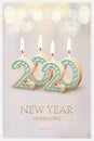 2020 New Year celebration vertical design concept. Vector 2020 burning candles and New Year Celebration text on blurred