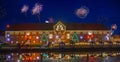 New Year celebrations on New Years Eve with fireworks. View of the harbor with the famous Christmas market on two floors in the h