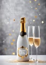 New Year champagne. Happy new Year, Bottle of champagne with Love peace and success text