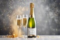 New Year champagne. Happy new Year, Bottle of champagne with Love peace and success text