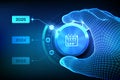 2025 new year change. Switch levels knob button on 2025. Wireframe hand setting calendar button on 2025 year position. Happy new