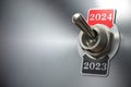 2024 new year change. Vintage switch toggle with numbers 2023 and 2024