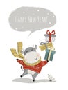 New Year 2021. Cheerful bull with gifts. new year greeting card