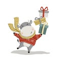 New Year 2021. Cheerful bull with gifts on a white background. new year greeting card.