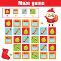 New Year and christmas activity. Maze game. Labyrinth with navigation. Help Santa find stocking