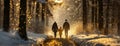 New Year and Christmas background. Family walks through a winter snowy forest on a sunny day. Fairy golden dreamy