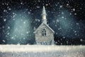 New Year Christmas background. Silver figurine of a church building and falling snow.