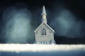 New Year Christmas background. Silver figurine of a church building . Night fabulous atmosphere of winter holiday