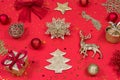 New Year and Christmas banner. Decorative Christmas toys, snowflakes, deer, balls and gift boxes on a red background Royalty Free Stock Photo