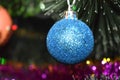 New Year and Christmas, blue ball hanging on the Christmas tree, postcard Royalty Free Stock Photo