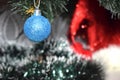 New Year and Christmas, blue ball hanging on the Christmas tree, postcard Royalty Free Stock Photo