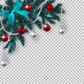 New Year Christmas. A blue branch of a Christmas tree with toys with a shadow. Corner drawing. Blue onions, silver and Royalty Free Stock Photo