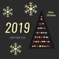 New 2019 year. Christmas card, Christmas tree and snowflakes on dark background