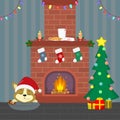 New Year and Christmas card. A cute corgi puppy in a Santa hat is sleeping near the fireplace. Christmas tree with gifts,