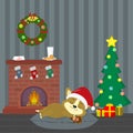 New Year and Christmas card. A cute corgi puppy in a Santa hat is sleeping near the fireplace. Christmas tree with gifts, wreath,