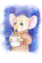 New Year Christmas card. cute mouse in a sweater holds a mug of tea with lemon. Snowing. Blue and purple background. Watercolor