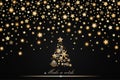 New Year and Christmas card design: gold Christmas Tree made of stars and snowflakes with abstract shining falling stars on black Royalty Free Stock Photo