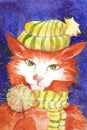 New Year Christmas card. Ginger cat with green eyes and a Bengal fire in its paws. Snowing. Blue and purple background. Watercolor