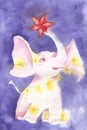 New Year Christmas card. A pink elephant is entangled in a garland and holds a star in its trunk. Snowing. Blue and purple