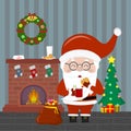 New Year and Christmas card. Santa Claus holding a cup with hot chocolate and cookies. Christmas tree with gifts, a fireplace, a