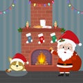 New Year and Christmas card. Santa Claus holds a bag with gifts and cookies. A cute puppy of corgi is sleeping by the Christmas