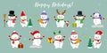 New Year and Christmas card. Set of eleven cute snowmen in different hats and poses in winter. Christmas tree, gifts, confetti,