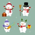 New Year and Christmas card. Set of four cute snowmen in different hats and poses in winter. Christmas tree, gifts, confetti,