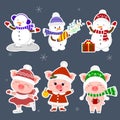 New Year and Christmas card. A set sticker of three snowmen and three pigs character in different hats and poses in