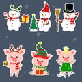 New Year and Christmas card. A set sticker of three snowmen and three pigs character in different hats and poses in