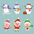 New Year and Christmas card. A set of three snowmen and three pigs character in different hats and poses in winter. Gift