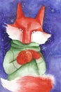 New Year Christmas card. A sly fox is peeling a tangerine. Snowing. Blue and purple background. Watercolor