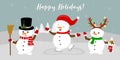 New Year and Christmas card. Three cute snowmen in different costumes. Skating, holding a broomstick, holding a sock with gifts. Royalty Free Stock Photo