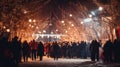 New Year and Christmas celebration, Blurred people background, event party outdoor, lights decoration